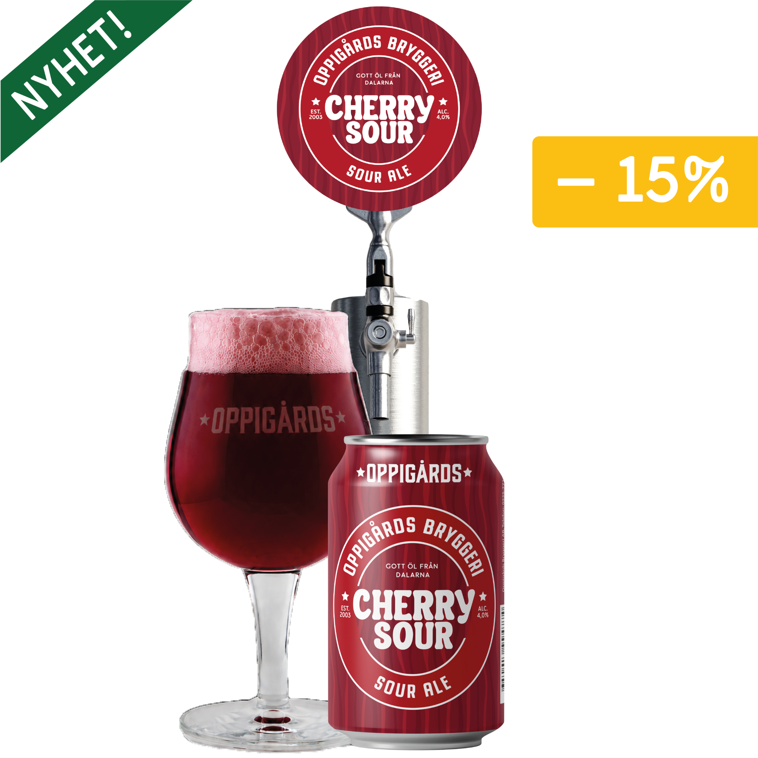 Bild på ölglas, burk Cherry Sour och tapptorn